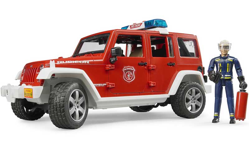 Läs mer om Bruder Jeep Wrangler Rubicon Brandbil med Figur Brandman 02528