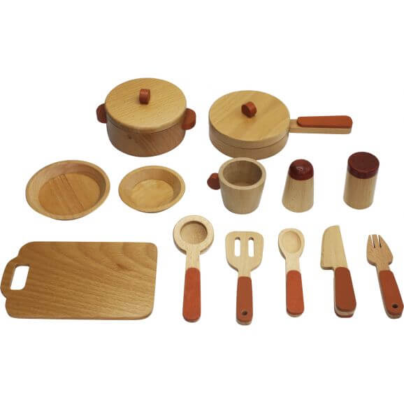 Kastrullset i trä till minikök för barn 15 delar Woodi World Toy
