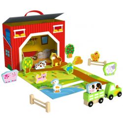 Leklåda bondgård med djur och tillbehör i trä, Tooky Toy