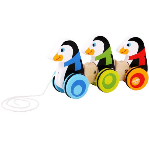 Pingviner i trä dragleksak barn Tooky Toy