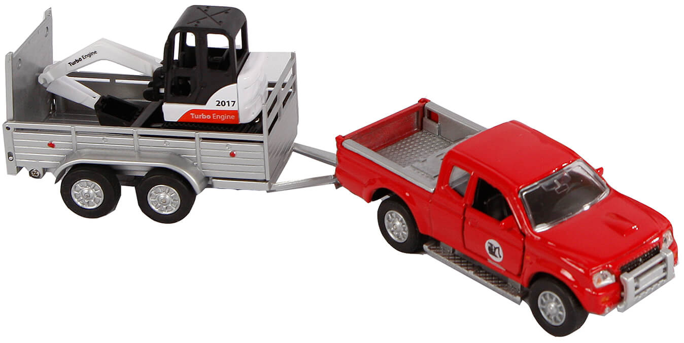 Kids Globe Leksaksbil Pick-Up med släp och grävmaskin