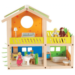Stilfullt dockhus i trä med möbler och dockor.