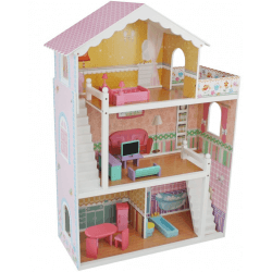 Högt rosa dockhus i tre våningar inkl. möbler