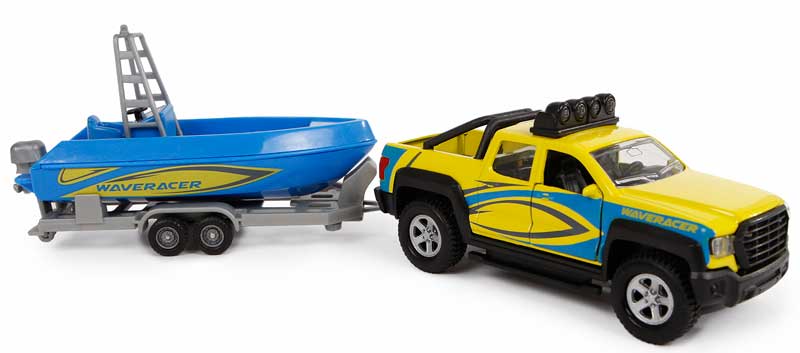Läs mer om Leksaksbil SUV med båtsläp med ljud och ljus Kids Globe 29 cm