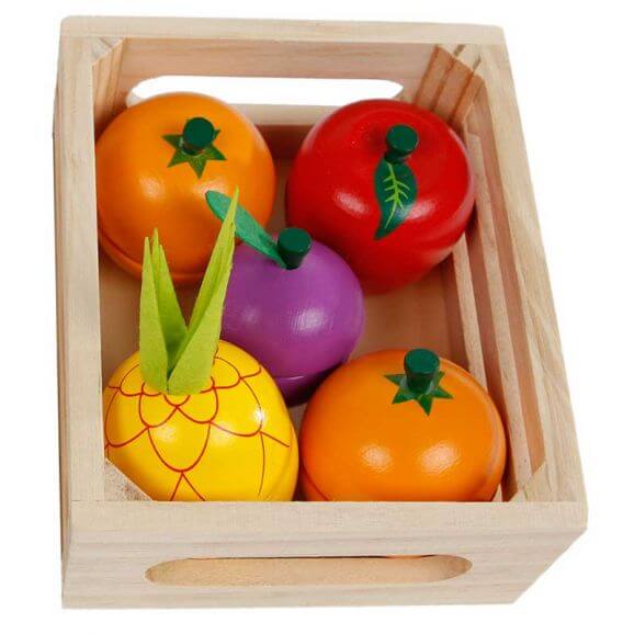 Leksaksmat Frukter delbara i trä med låda