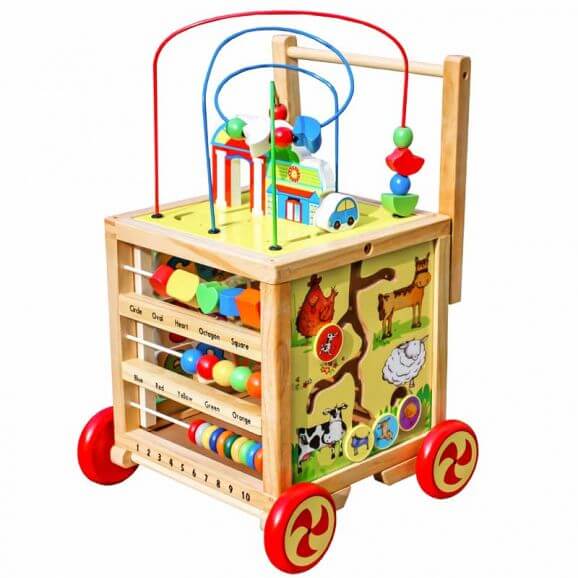 Gåvagn i trä med kulbana och aktivering Woodi World Toy
