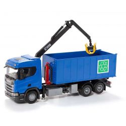 Emek Scania Recycle lastväxlare med kran och blå hytt