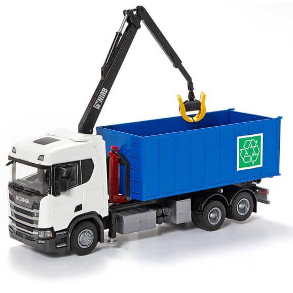 Emek Scania Recycle lastväxlare med kran och vit hytt