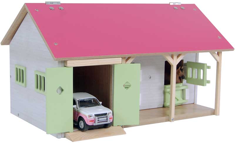Läs mer om Häststall 2 st. stallboxar och garage rosa leksak Kids Globe 1:32