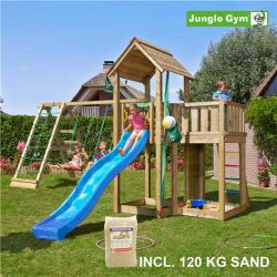 Jungle Gym Lektorn komplett Jungle Gym Barn inkl. Climb Modul X'tra, 120 kg sand och blå rutschkana