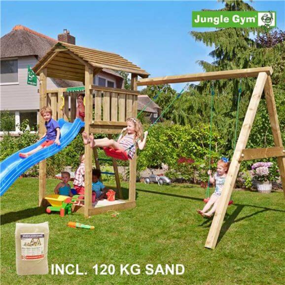 Jungle Gym lektorn komplett Cottage med Swing Modul X'tra, 120 kg sand och blå rutschkanaomplett
